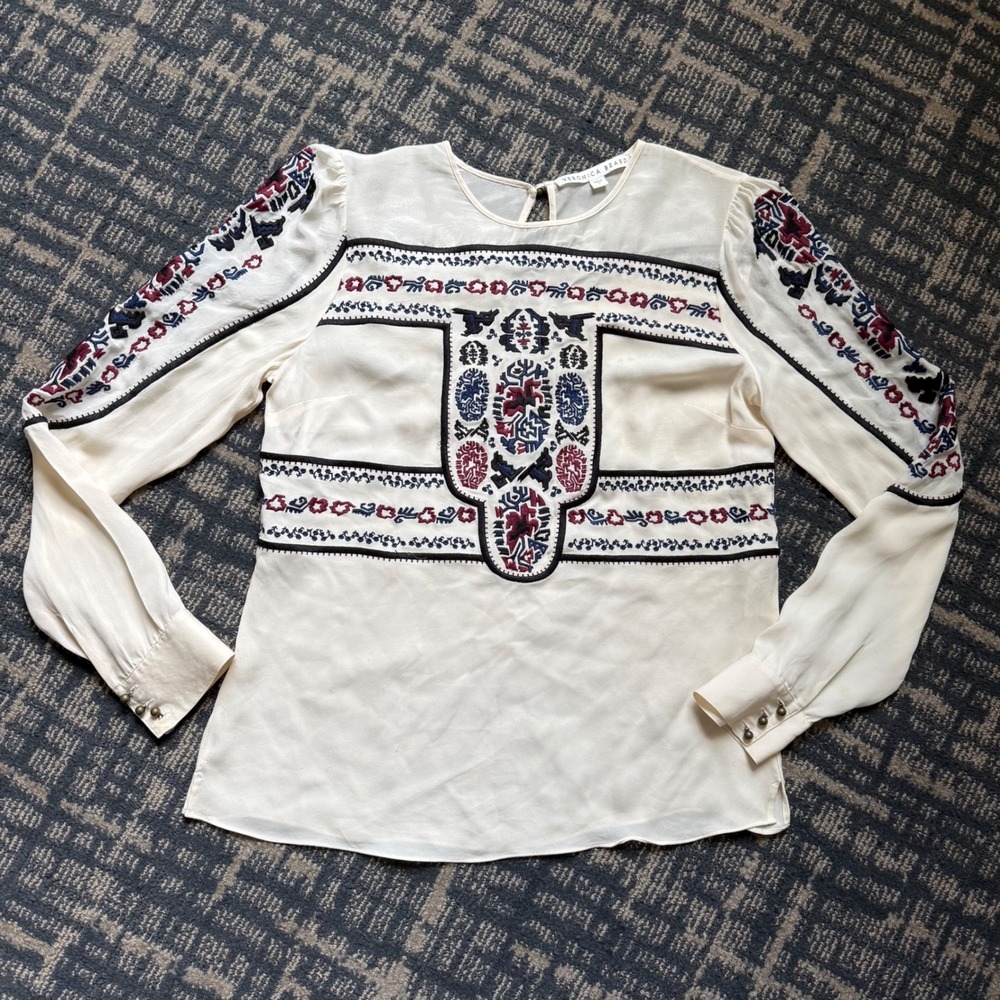 Veronica Beard Embroidered Silk Blouse Cream Navy Burgundy Boho Top Size 8